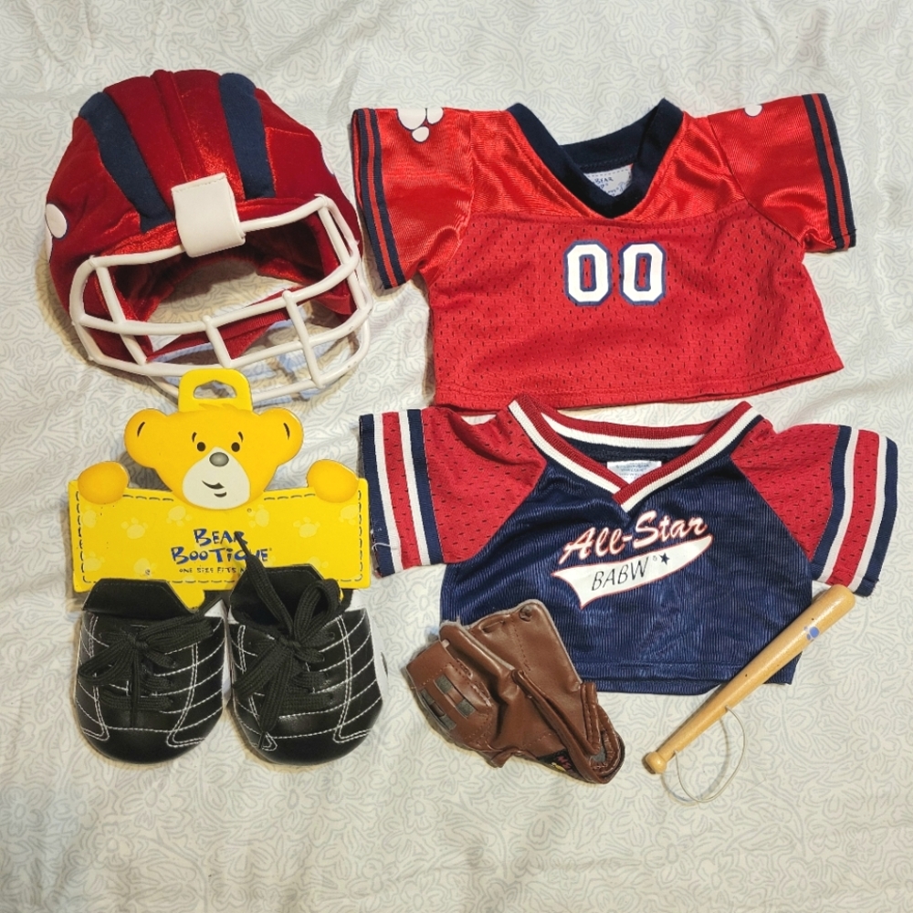 Build-A-Bear Baseball And Football Outfits with Helmet, Baseball Bat & Glove